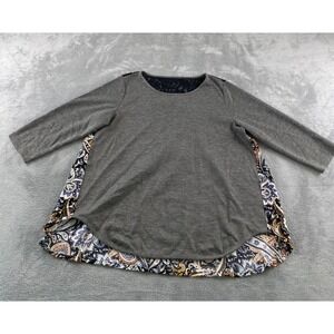 Kate & Mallory Womens Large Mixed Media Paisley Lace Back 3/4 Sleeve Grey Top